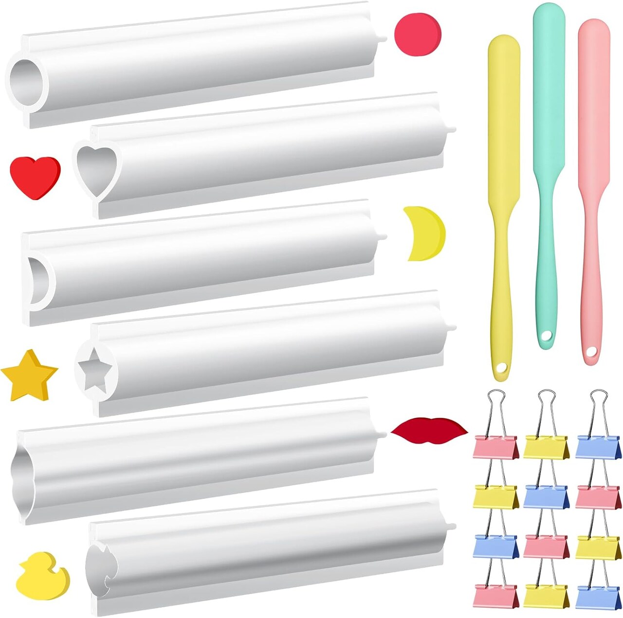 6 Pcs Long Tube Silicone Mold - with 3 Spatula 12 Binder Clips Paper Clamps